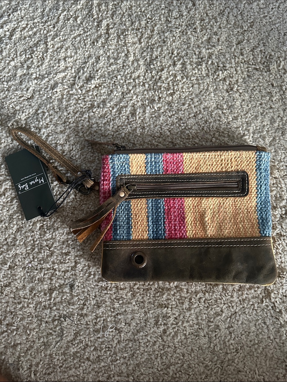Myra Bag Multicolor Striped Wristlet Clutch with Brown Trim